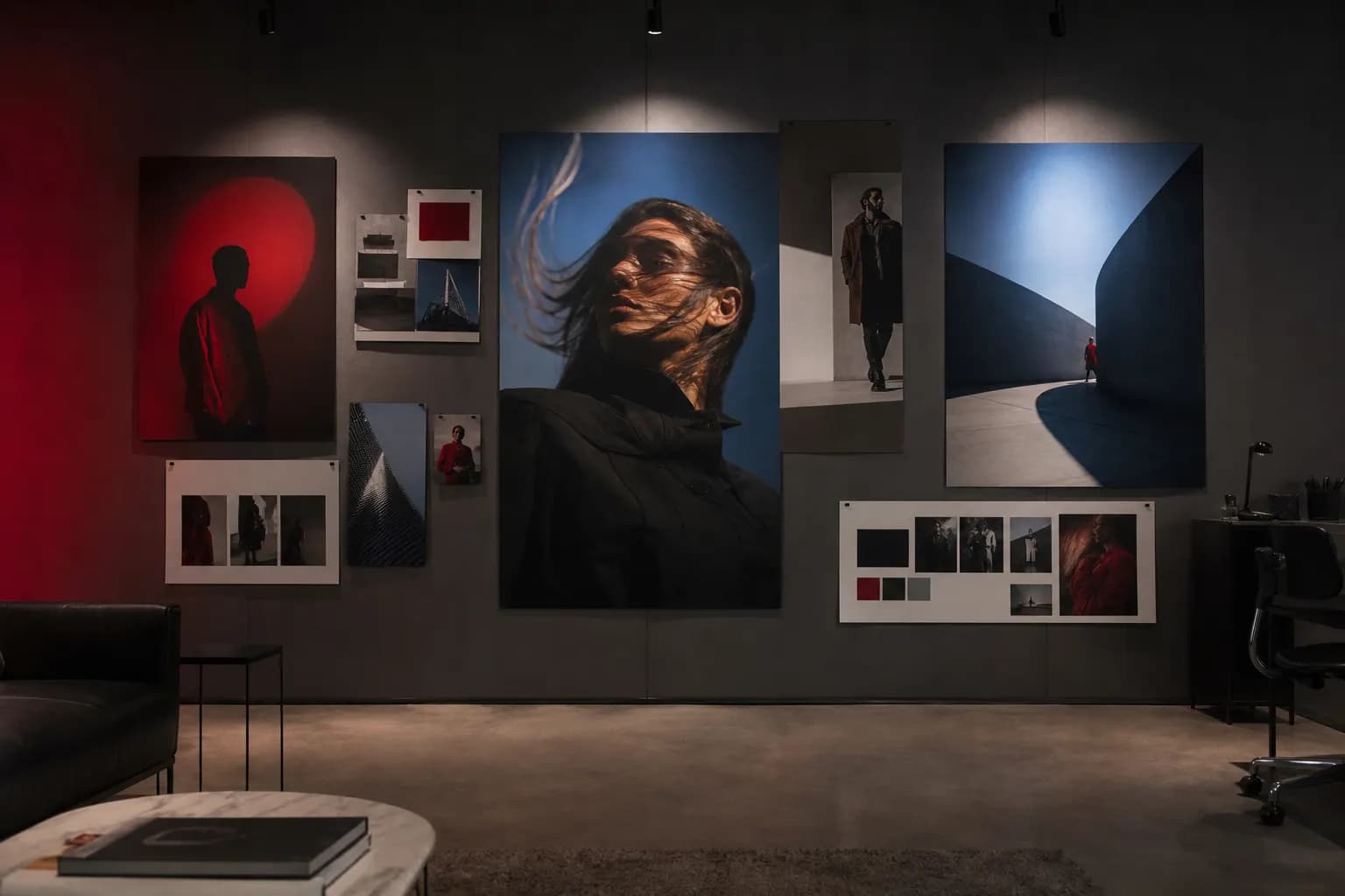 Campaign boards and moodboards on a studio wall