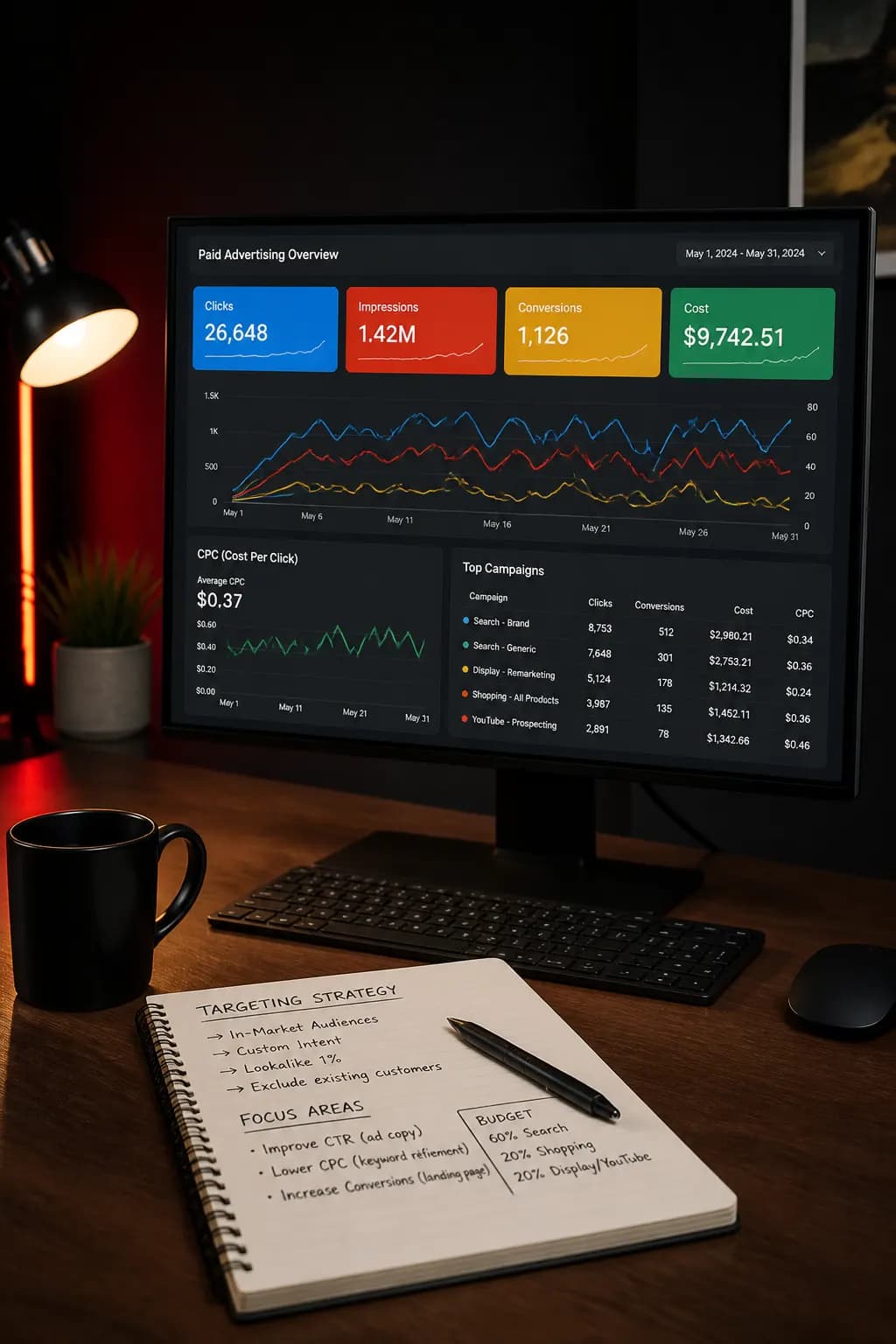 Monitor displaying paid advertising campaign performance charts
