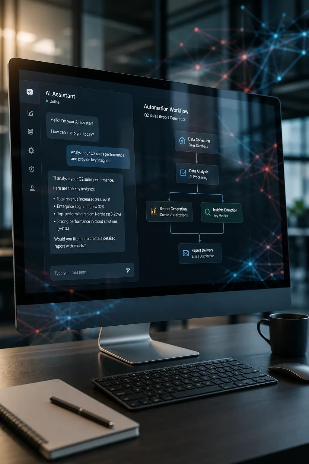 Workstation showing an AI assistant interface and automation workflow