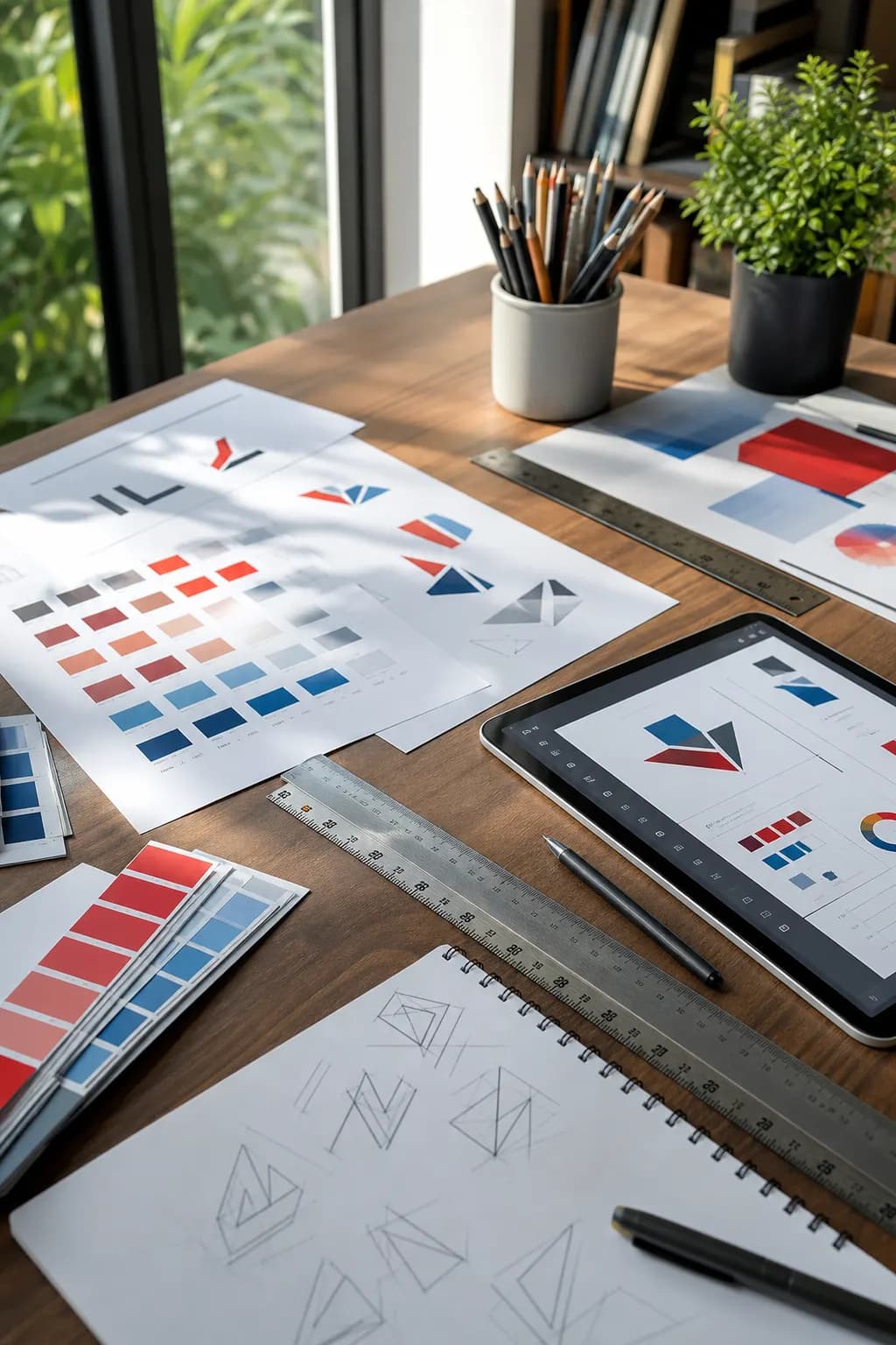 Designer reviewing interface layouts on a studio desk