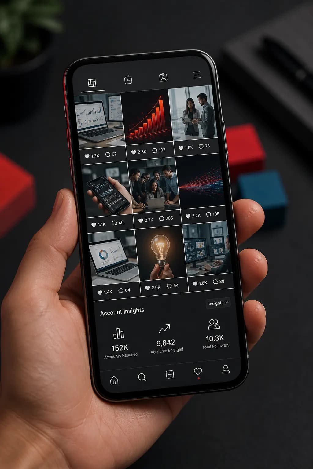 Smartphone showing a social media feed and engagement metrics
