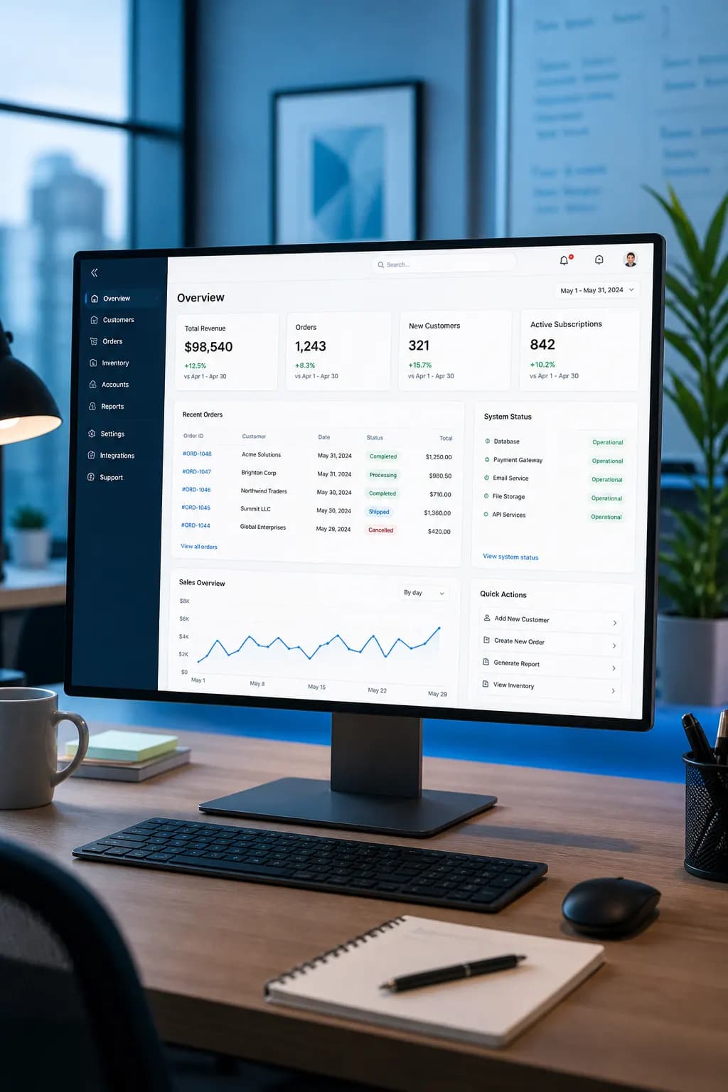 Desktop screen with a business software admin dashboard