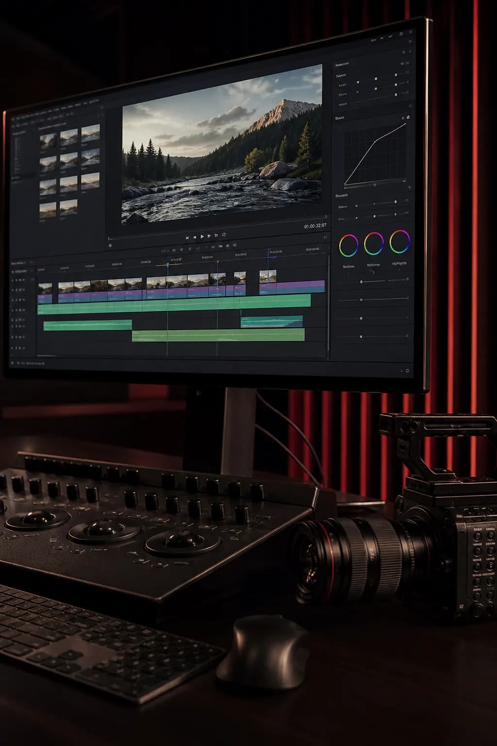 Video editing timeline and color grading tools on a studio monitor