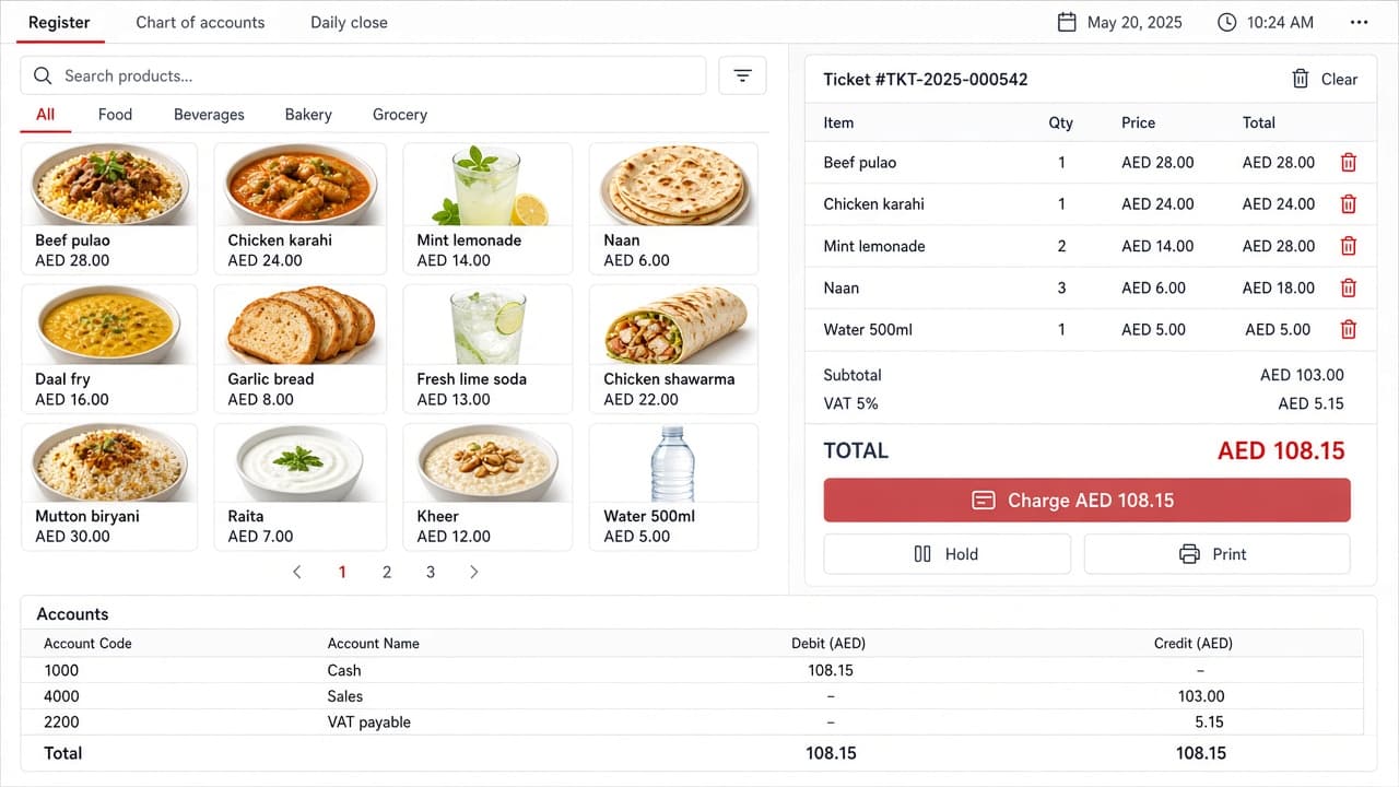 Sample register ticket and chart of accounts. Sample items, not a client menu.