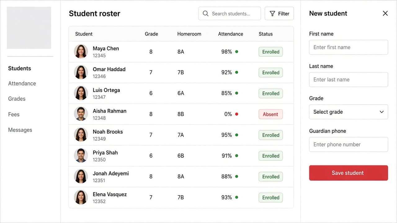 Sample school roster and new-student form. Sample rows, not a client record.