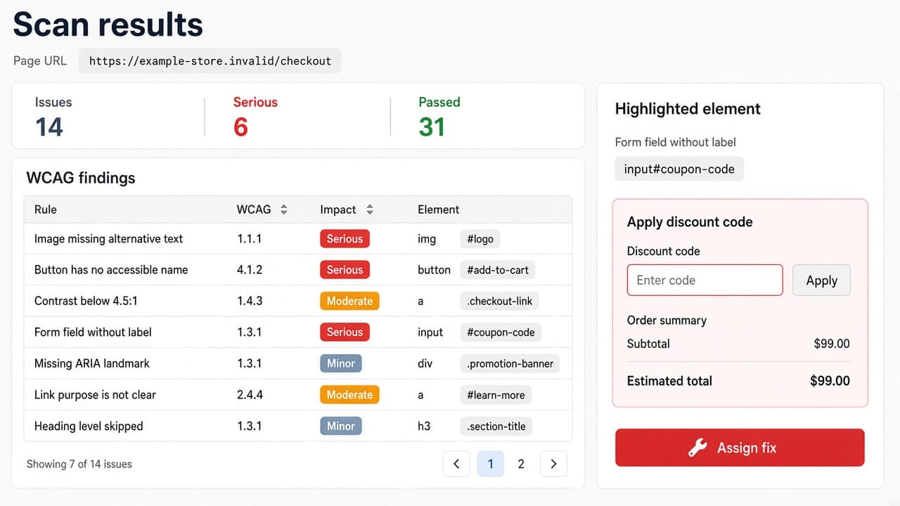 Sample accessibility scan list with WCAG rules and severity. Not a client site.