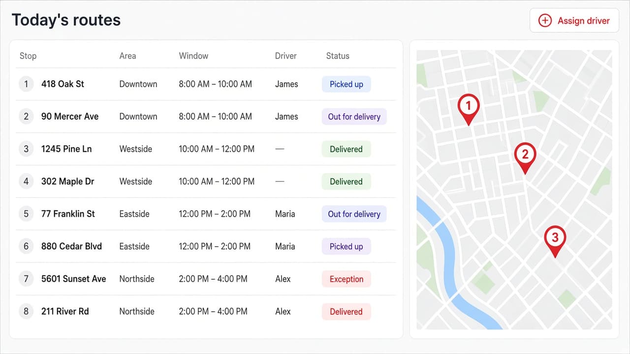 Sample route board with stops and driver status.