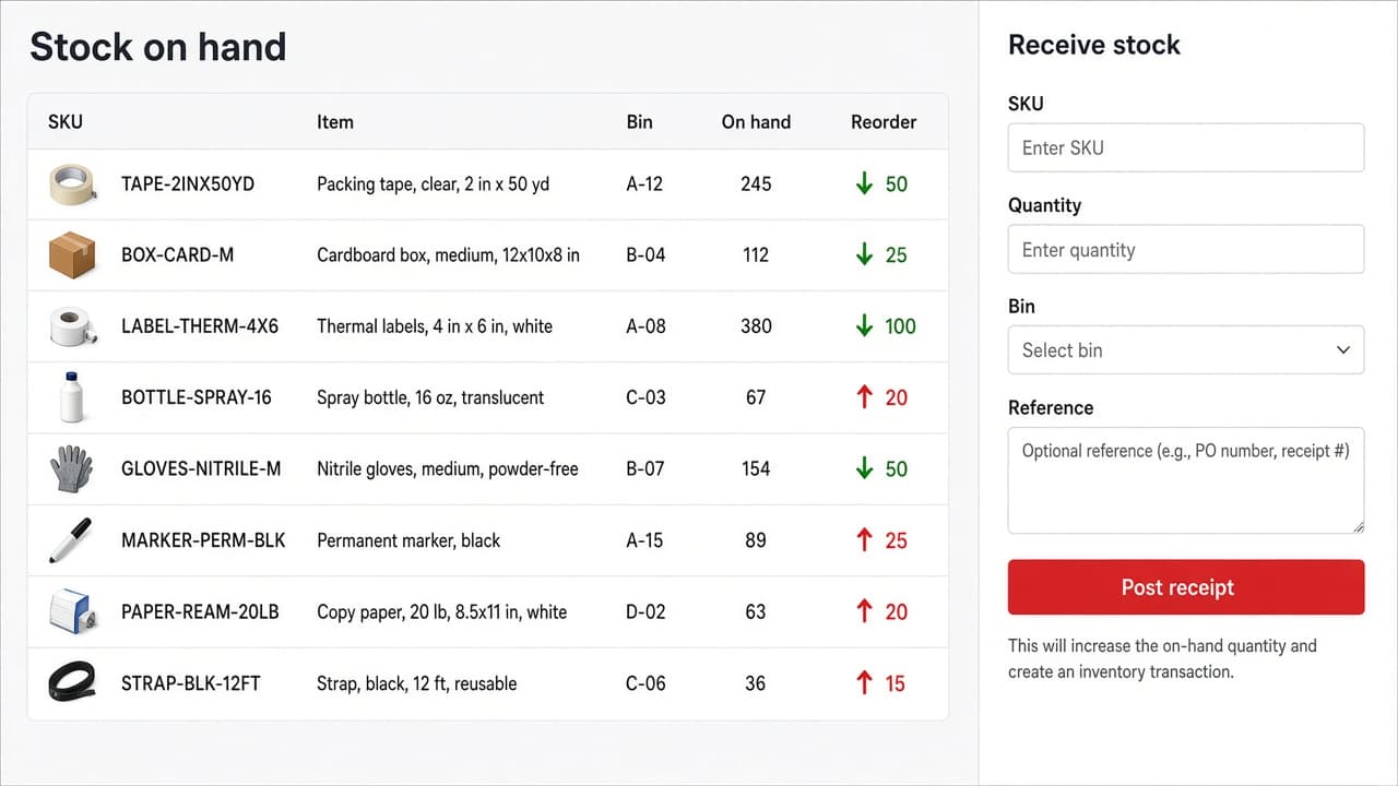 Sample stock table and a receive-stock form.