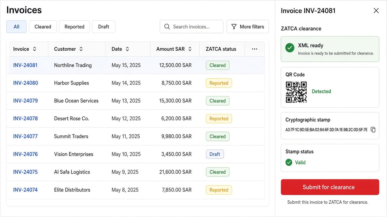 Sample invoice list with clearance statuses. Sample customers, not a client book.