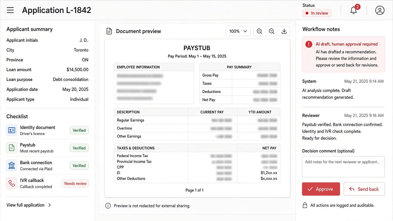 Sample loan review screen with document checks. Personal data is masked.