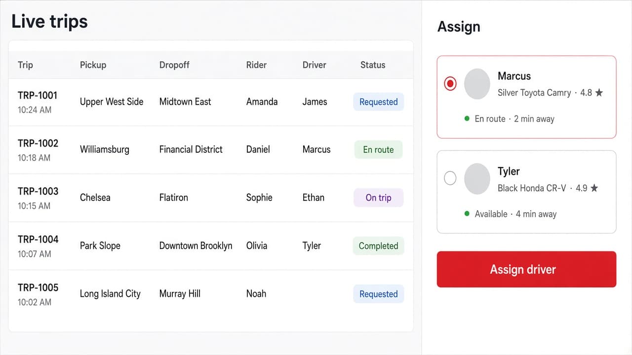 Sample live-trip desk for assigning a driver.